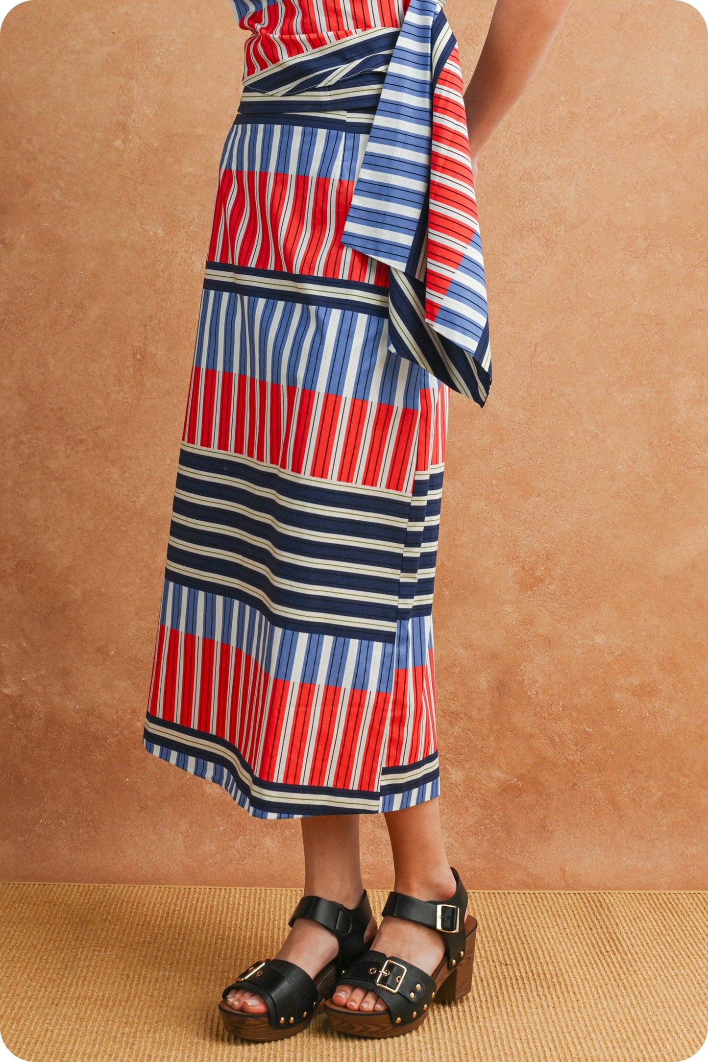 Color Block Mixed Stripe Draped Pencil Midi Skirt