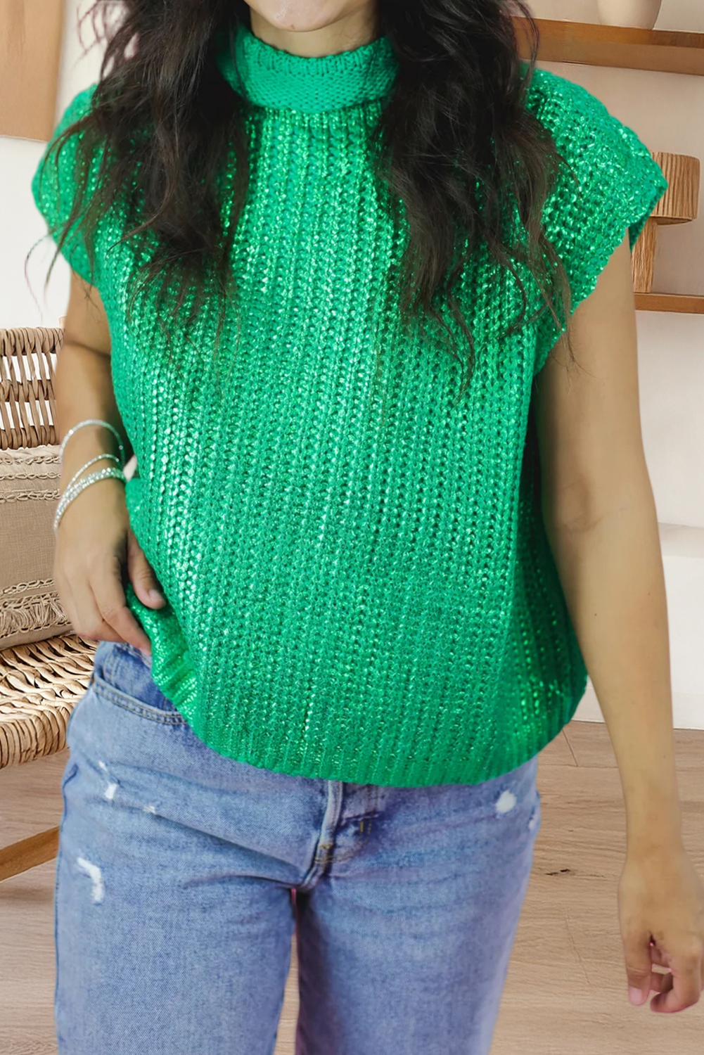 Metallic Knit High Neck Short Sleeve Sweater