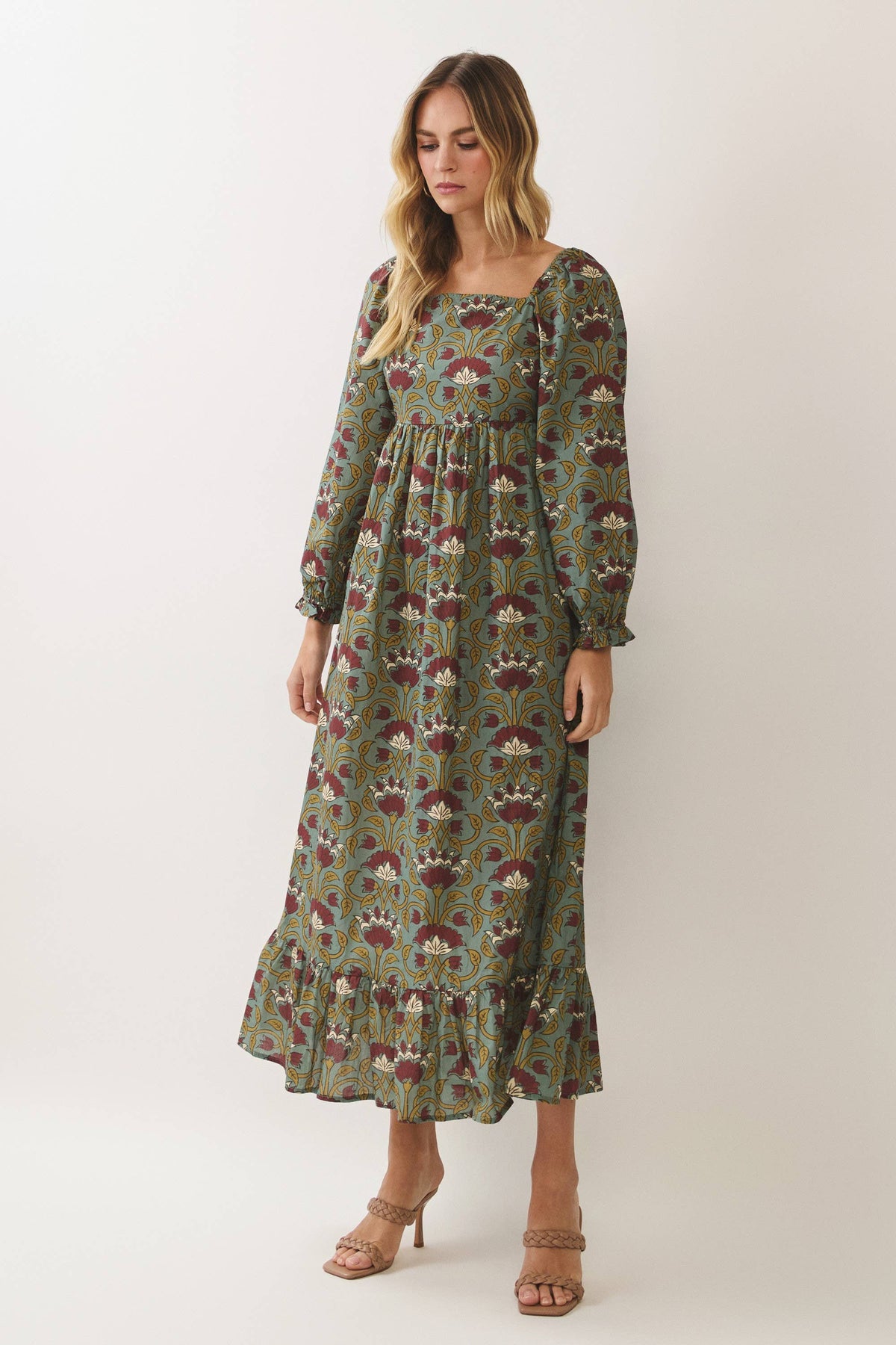 Floral Square Neck Burgundy Maxi Dress