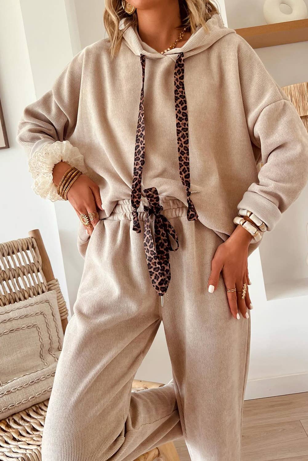 Cord with Leopard Trim Hoodie and High Waist Pant Set