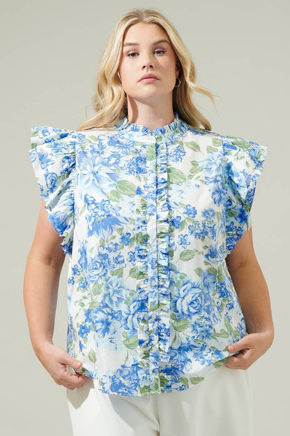 Truth Be Told Blue Floral Sleeveless Ruffle Top