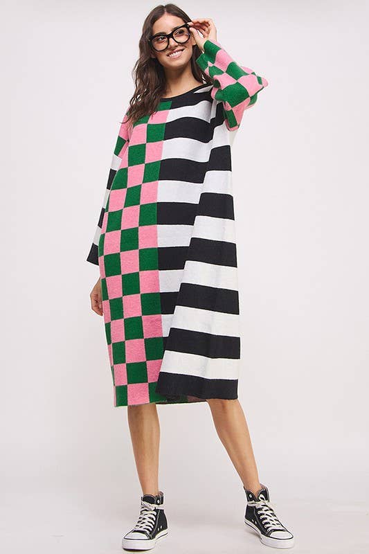 Checker & Stripe Oversized Sweater Dress