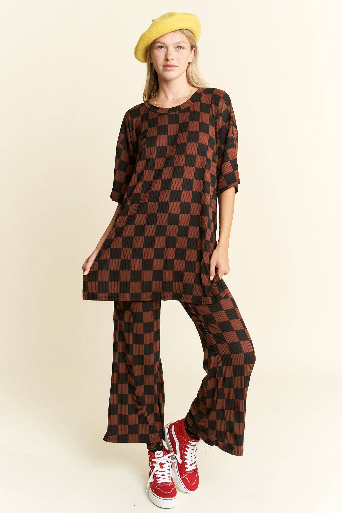 Checkered Ribbed Knit Set