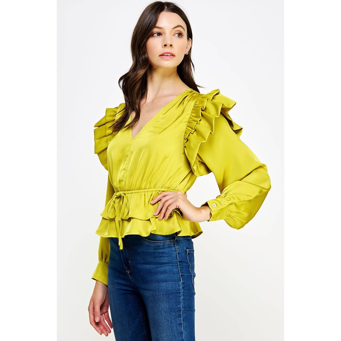 Chartreuse Satin Ruffle Shoulder Blouse
