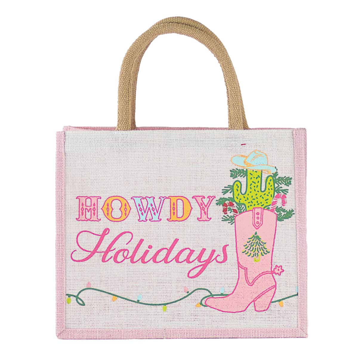 Howdy Holidays Gift Tote   Light Pink/Multi   12x10x8