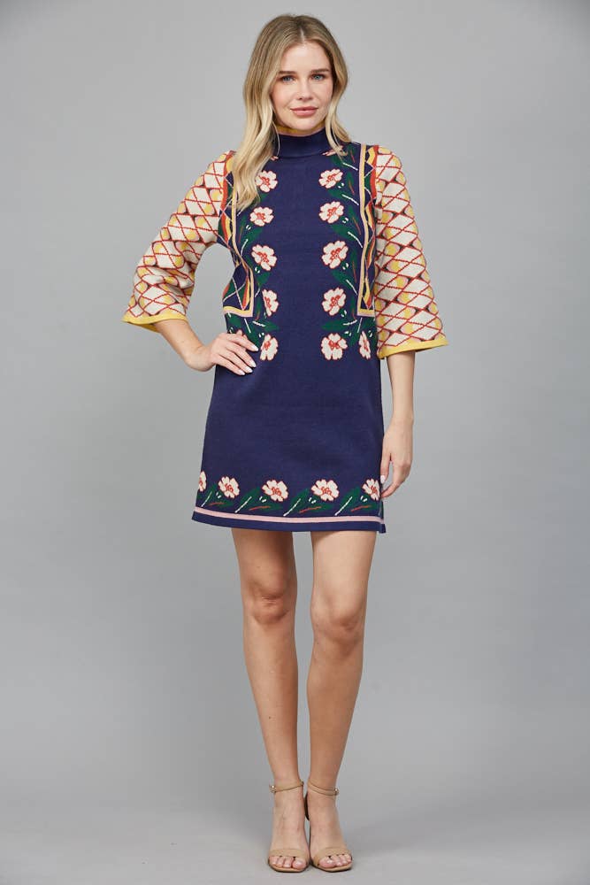 FLORAL MOTIF JACQUARD KNIT HIGH NECK SWEATER DRESS