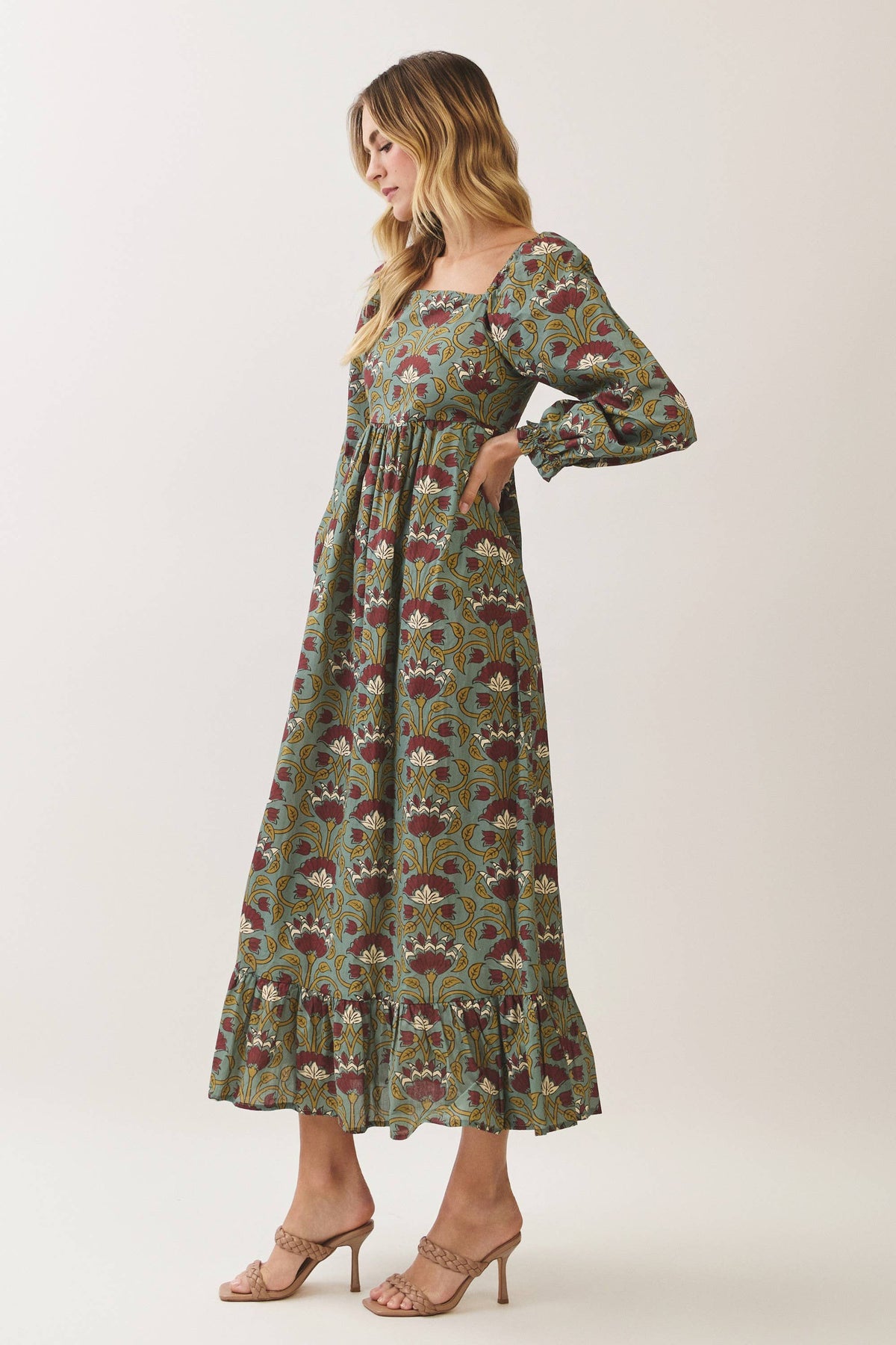 Floral Square Neck Burgundy Maxi Dress