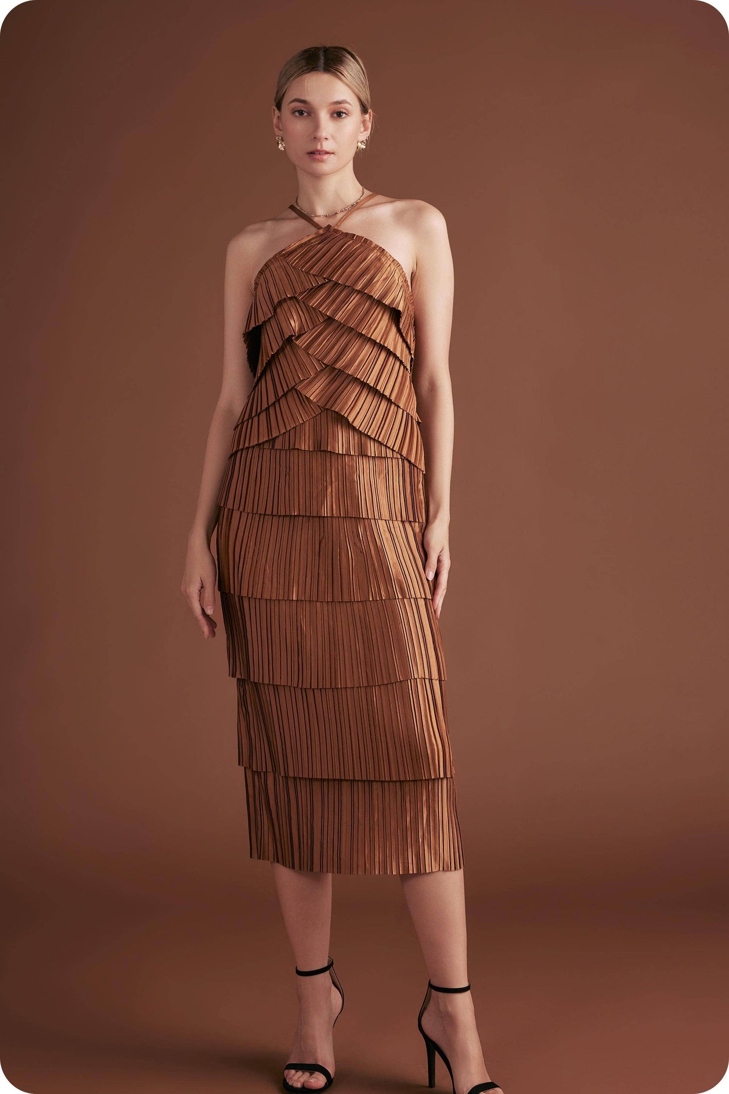 Pleated Satin Tiered Midi Skirt