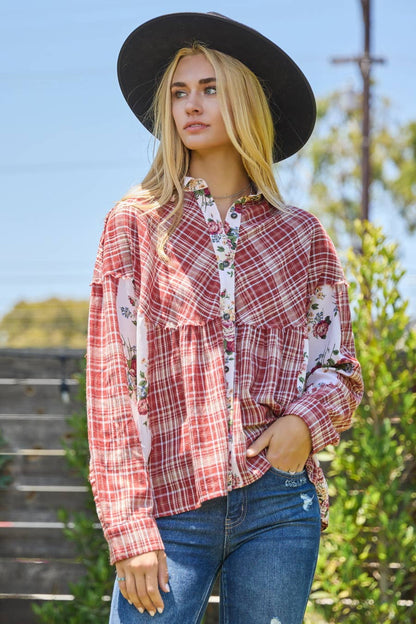 Plaid Floral Print Button Down Shirt