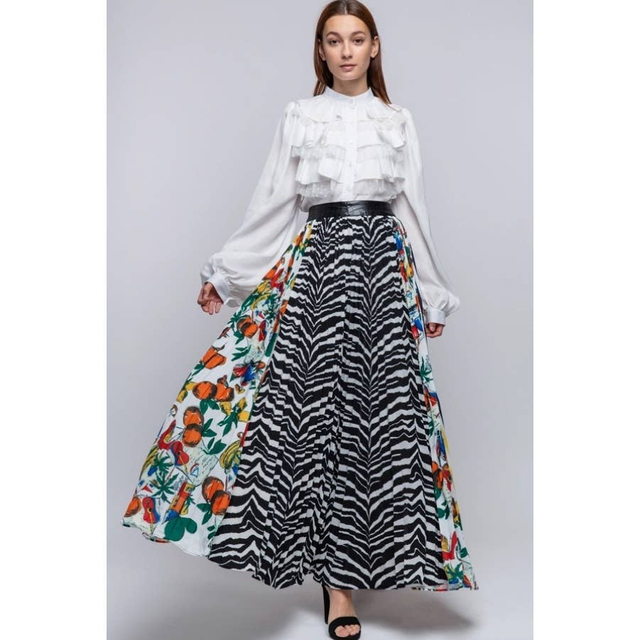 Pleated Multi Print Maxi Skirt