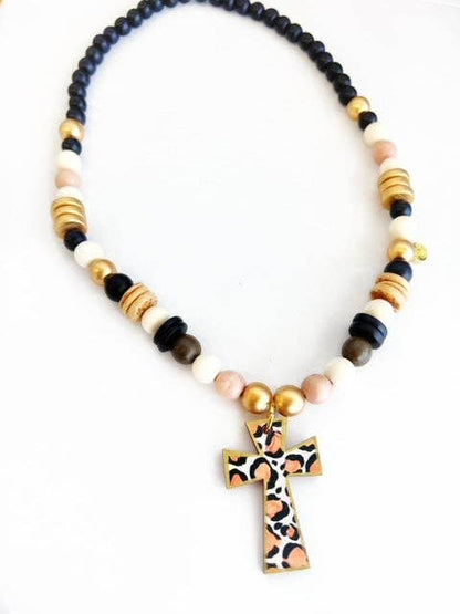 Hand painted Wooden Beaded Cross Necklace