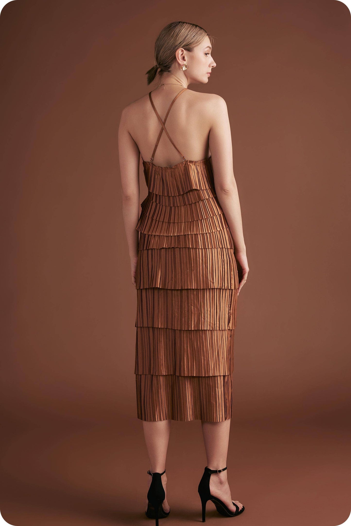 Pleated Satin Tiered Midi Skirt