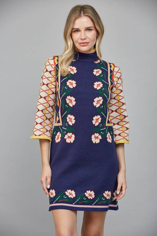 FLORAL MOTIF JACQUARD KNIT HIGH NECK SWEATER DRESS