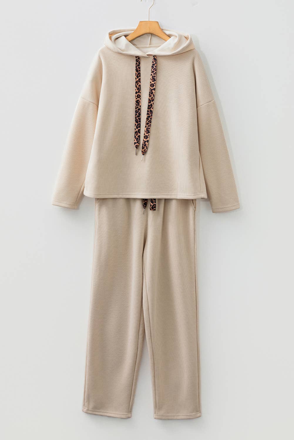 Cord with Leopard Trim Hoodie and High Waist Pant Set
