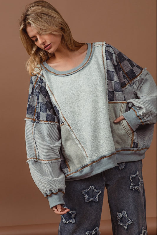 Checkered Denim Oversized Pullover