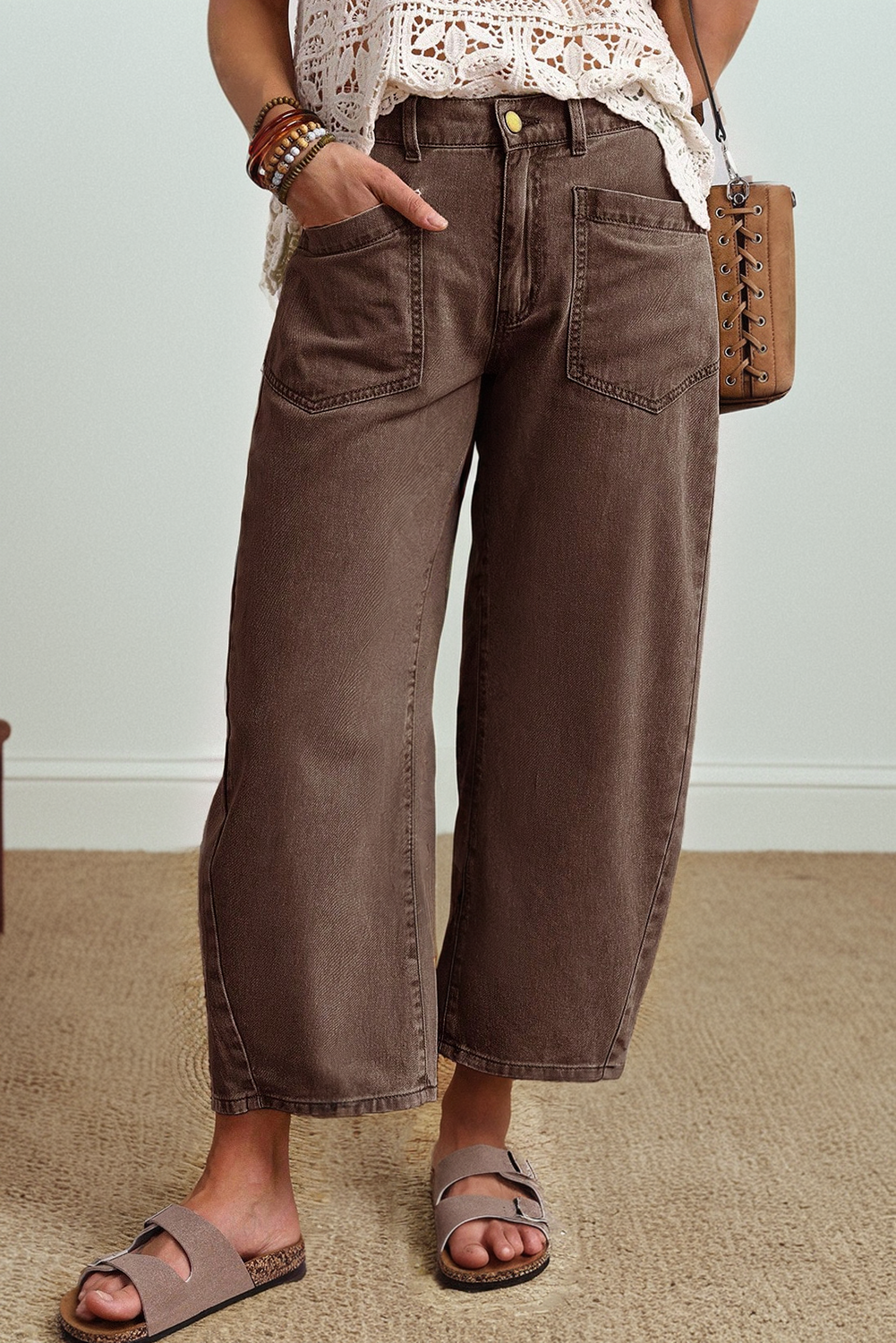 Solid Color Square Patch Pocket Ankle-length Barrel Jeans
