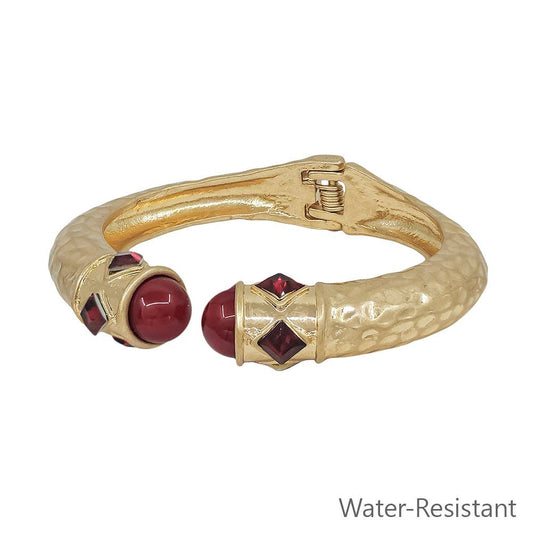 Matte Gold with Maroon Crystal Accents Hinged Bracelet