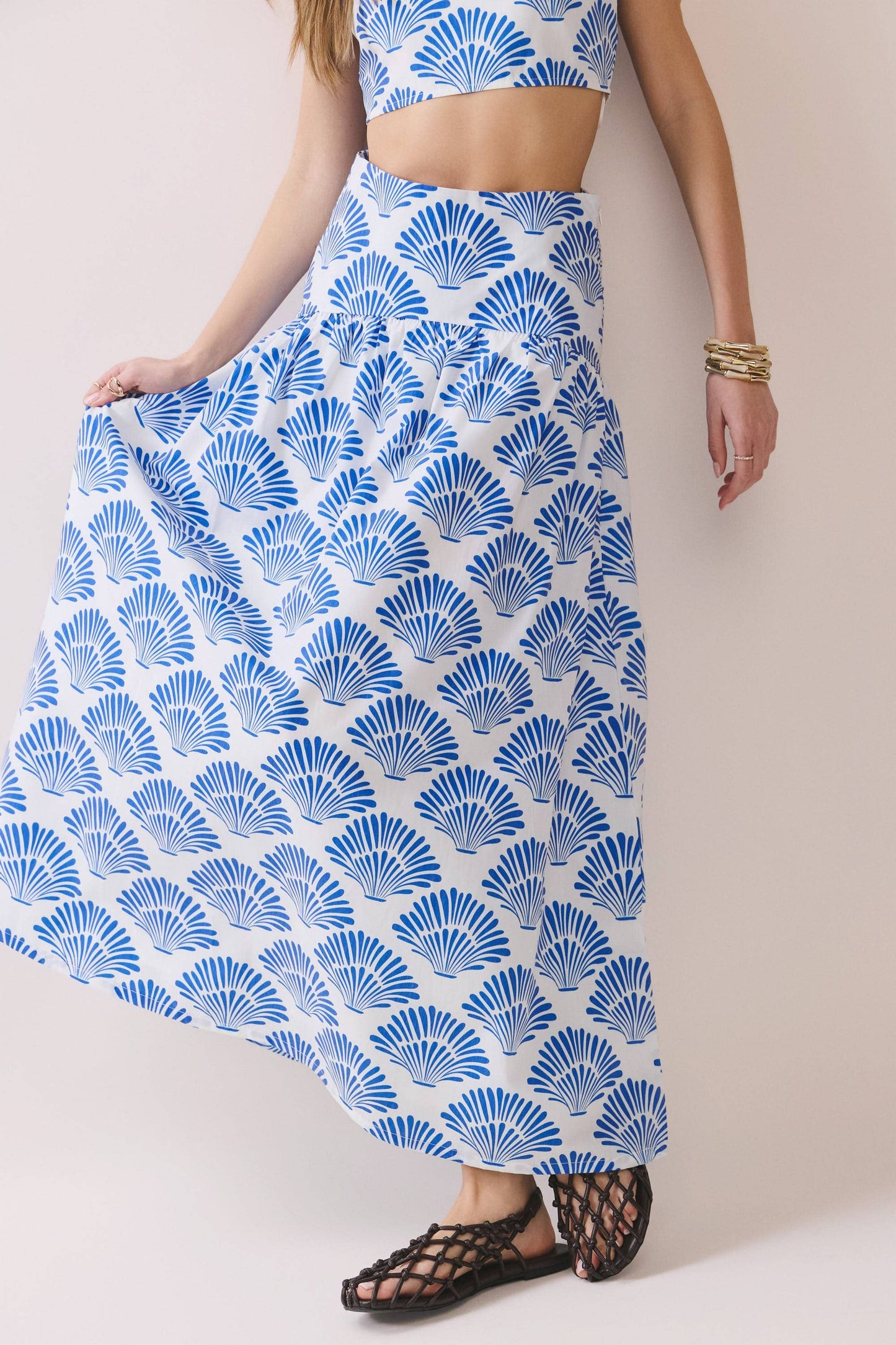 Shell Print Tiered High Waist Midi Skirt