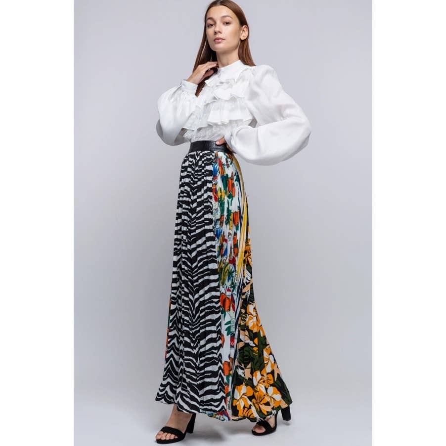 Pleated Multi Print Maxi Skirt