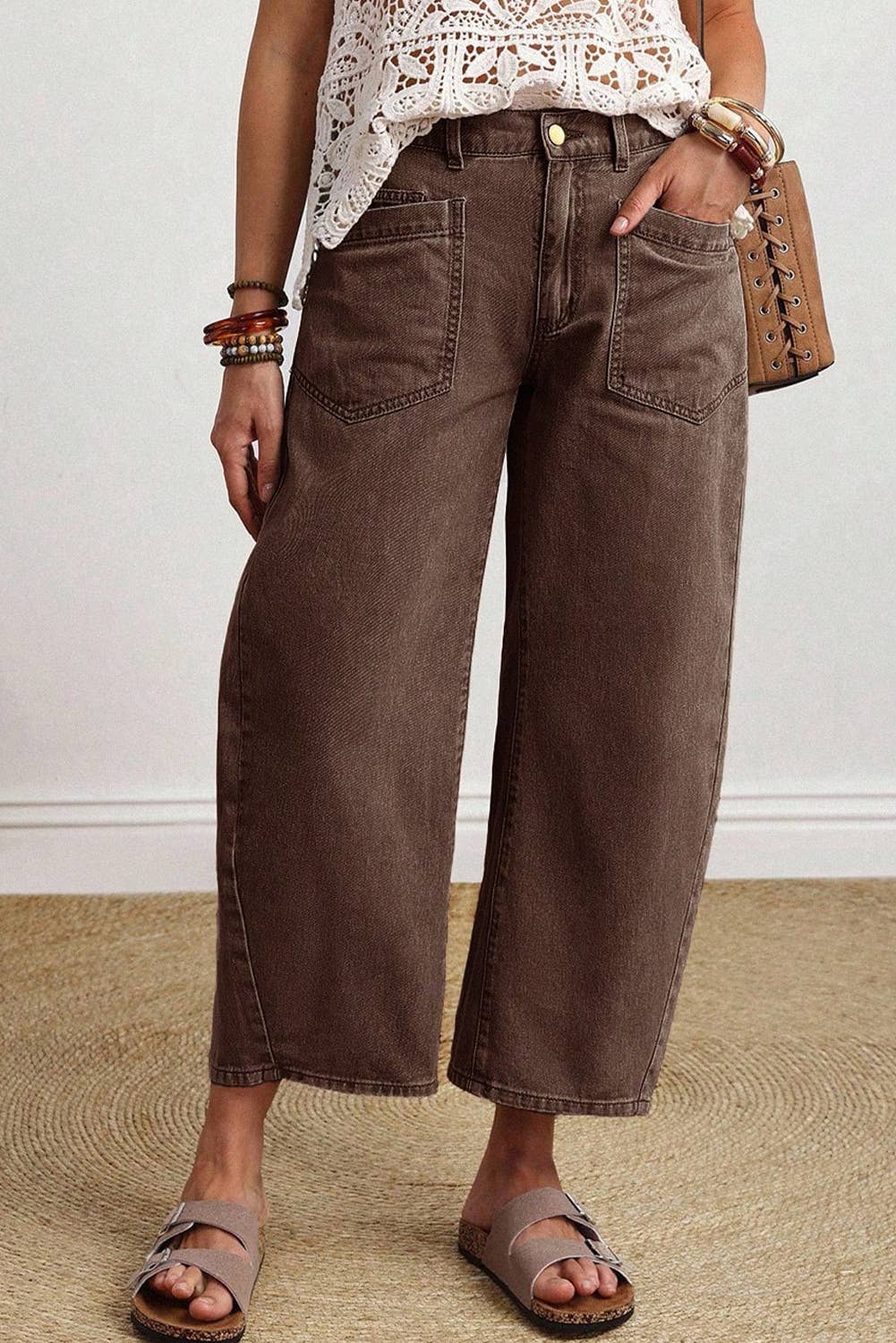 Solid Color Square Patch Pocket Ankle-length Barrel Jeans