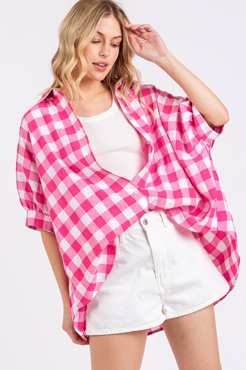 CHECKED BOXY BUTTON FRONT TOP