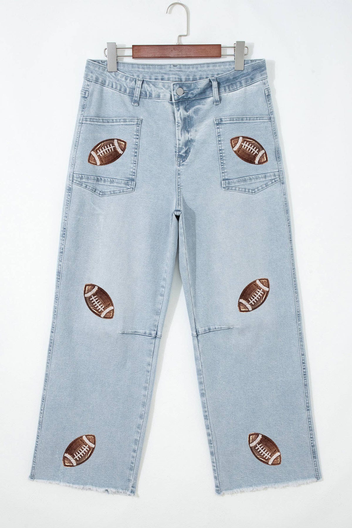 Sequin Game Day Patched Rugby Pattern Shift Jeans