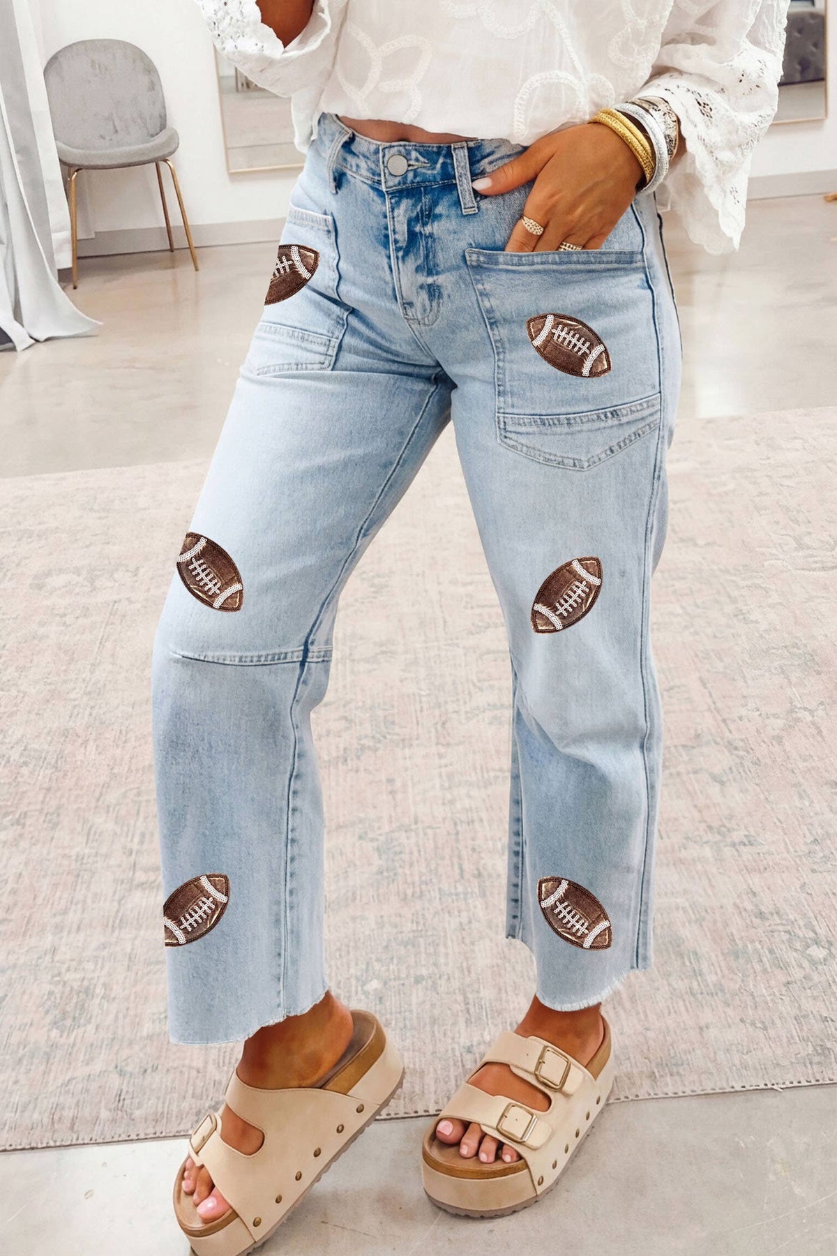 Sequin Game Day Patched Rugby Pattern Shift Jeans