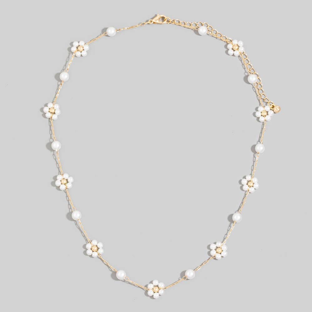 Station Pearl Beaded Flowers Chain Necklace