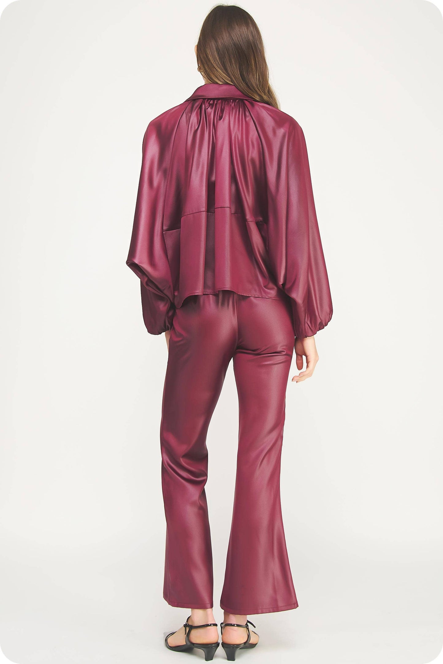 Burgundy Satin Flare Pants