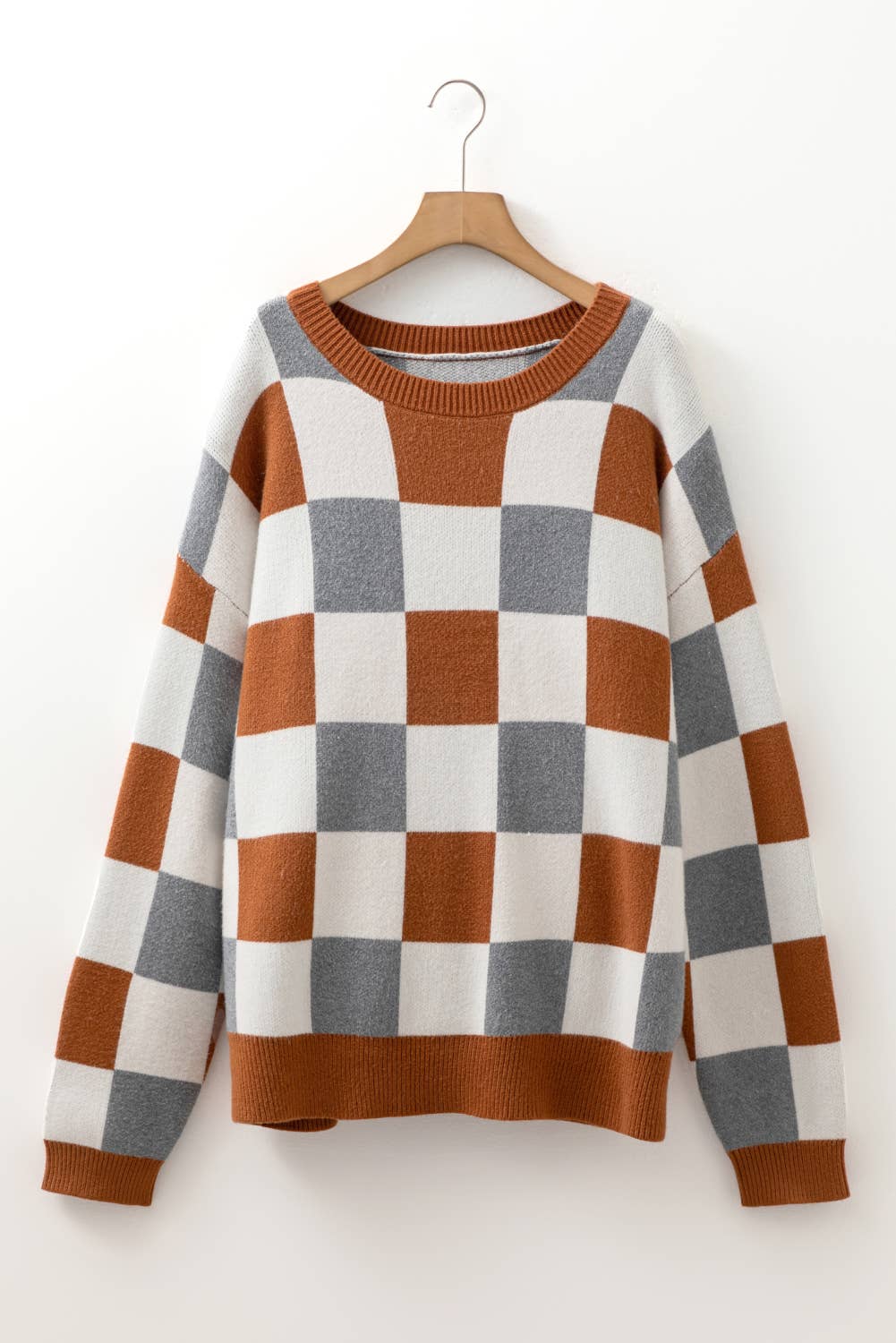 Brown Colorblock Checkered Plus Size Sweater