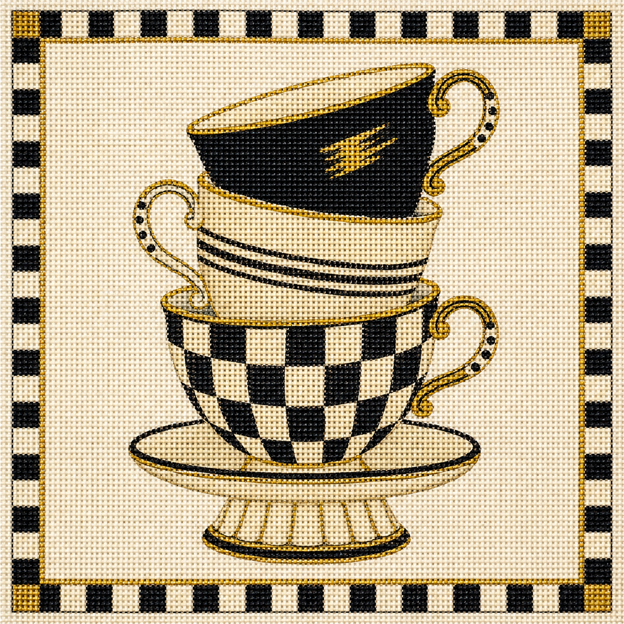 Inspired Checked Teacup Stack Printed Needlepoint Canvas