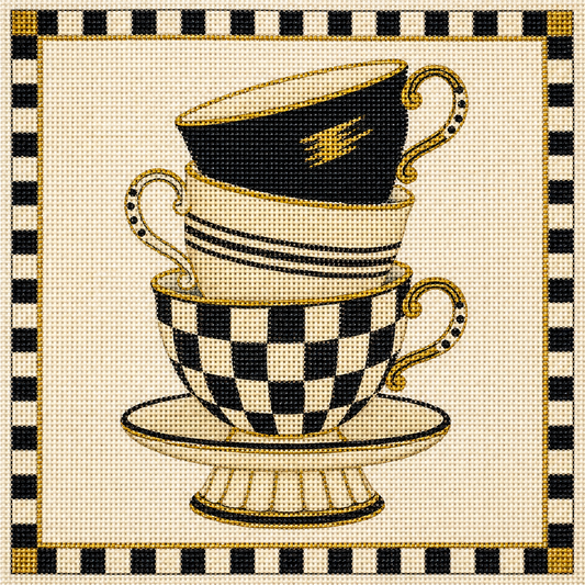Inspired Checked Teacup Stack Printed Needlepoint Canvas