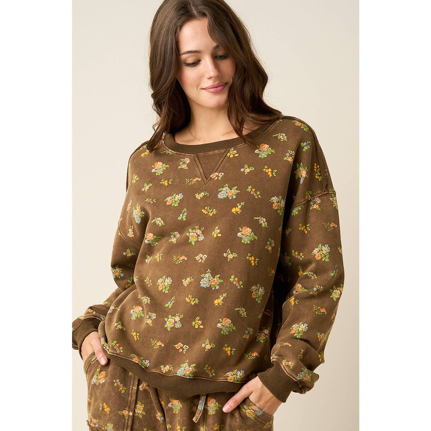 Brown Floral Print Washed Sweatshirt