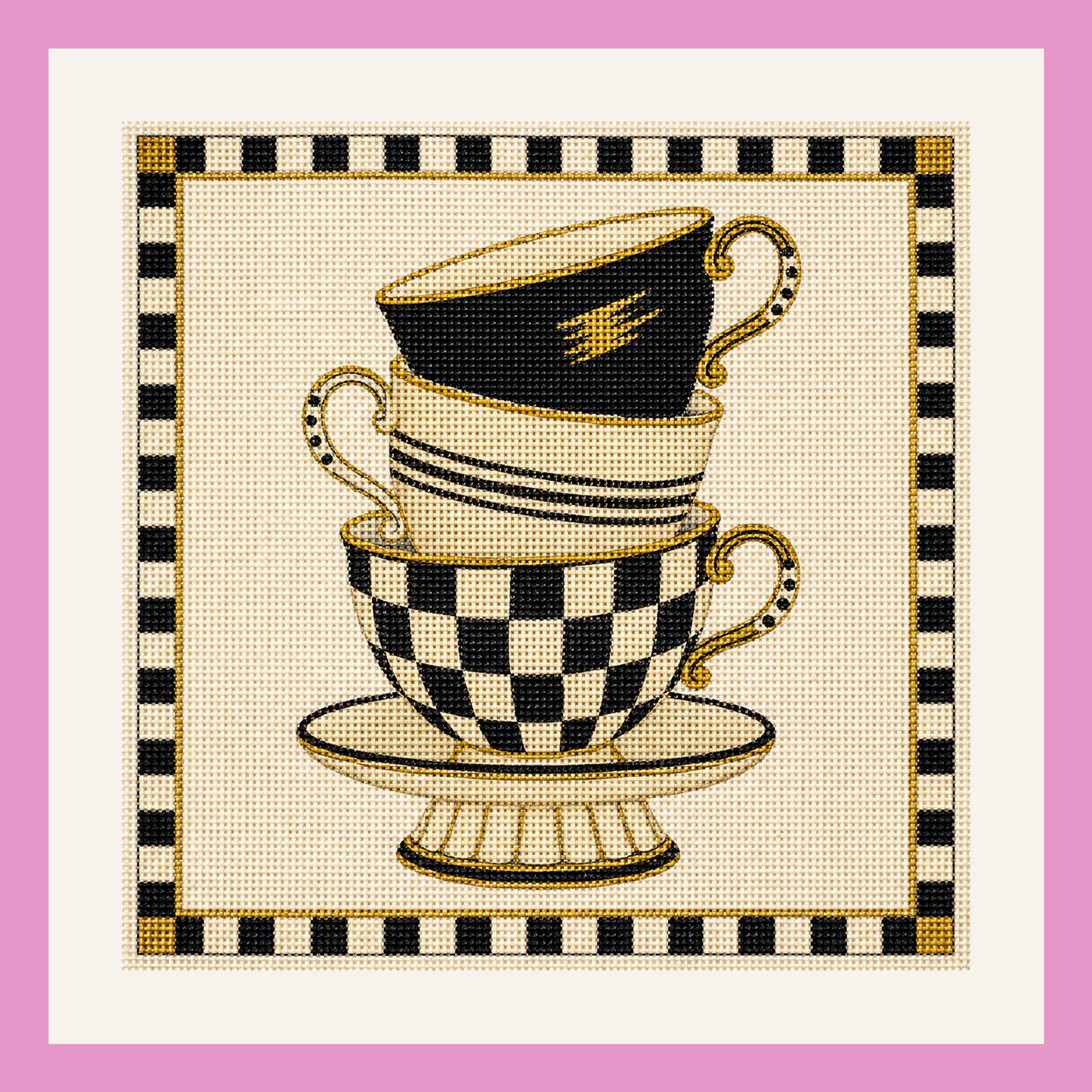 Inspired Checked Teacup Stack Printed Needlepoint Canvas