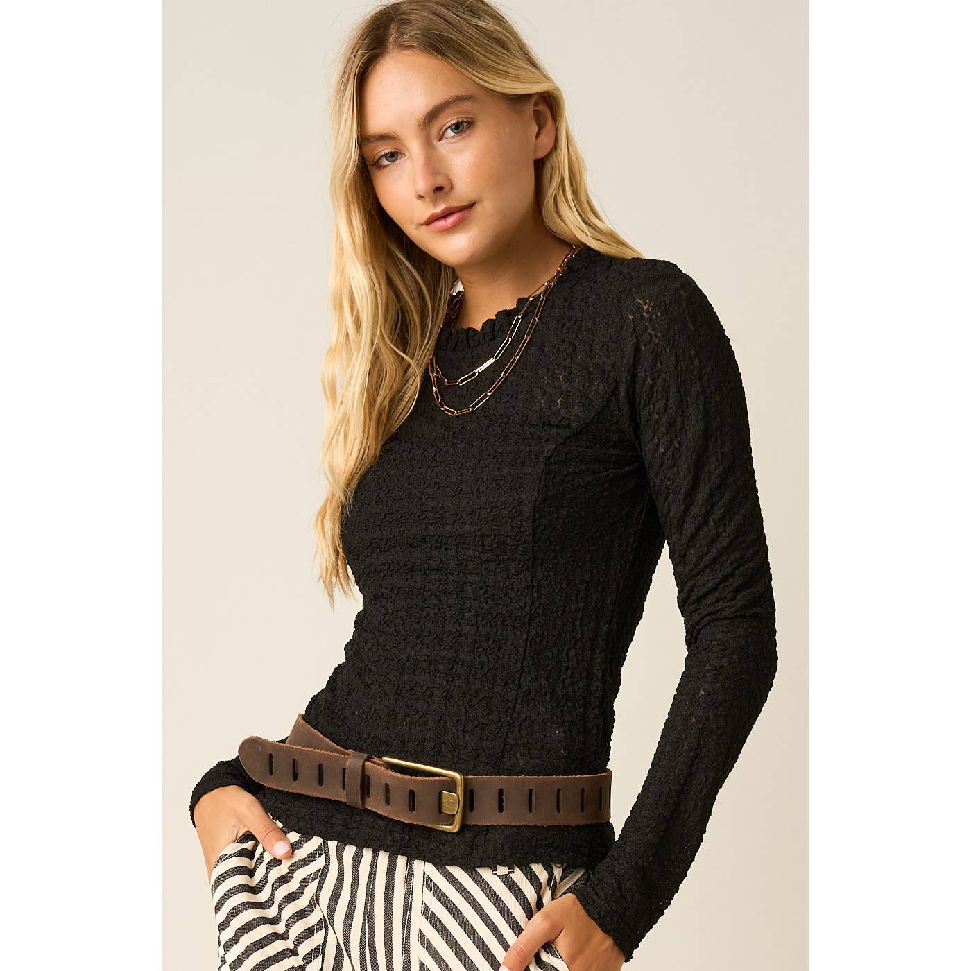 Textured Ruffle Neck Long Sleeve in Black