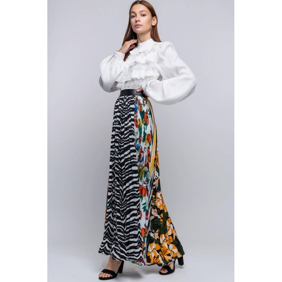 Pleated Multi Print Maxi Skirt