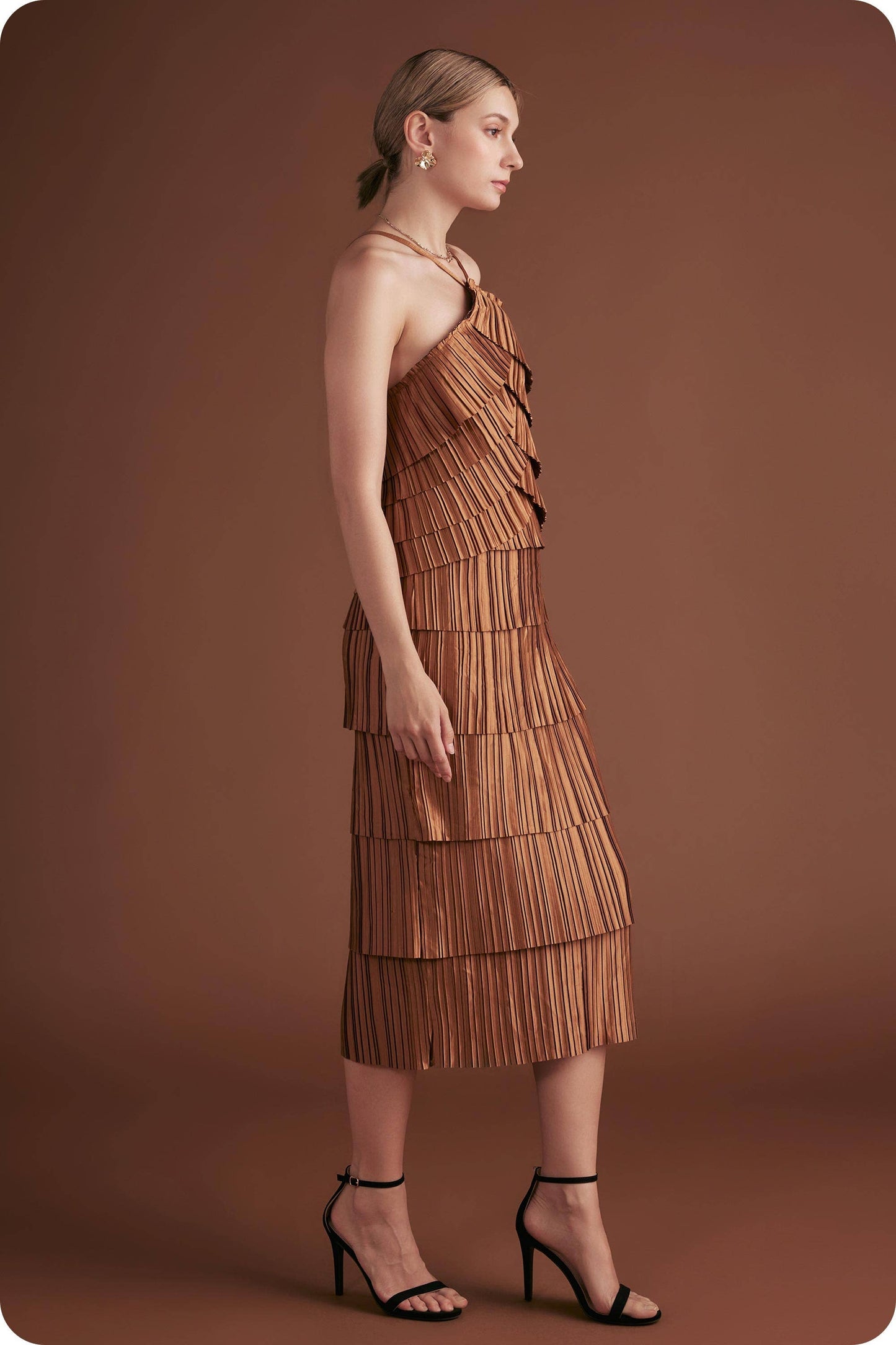 Pleated Satin Tiered Midi Skirt