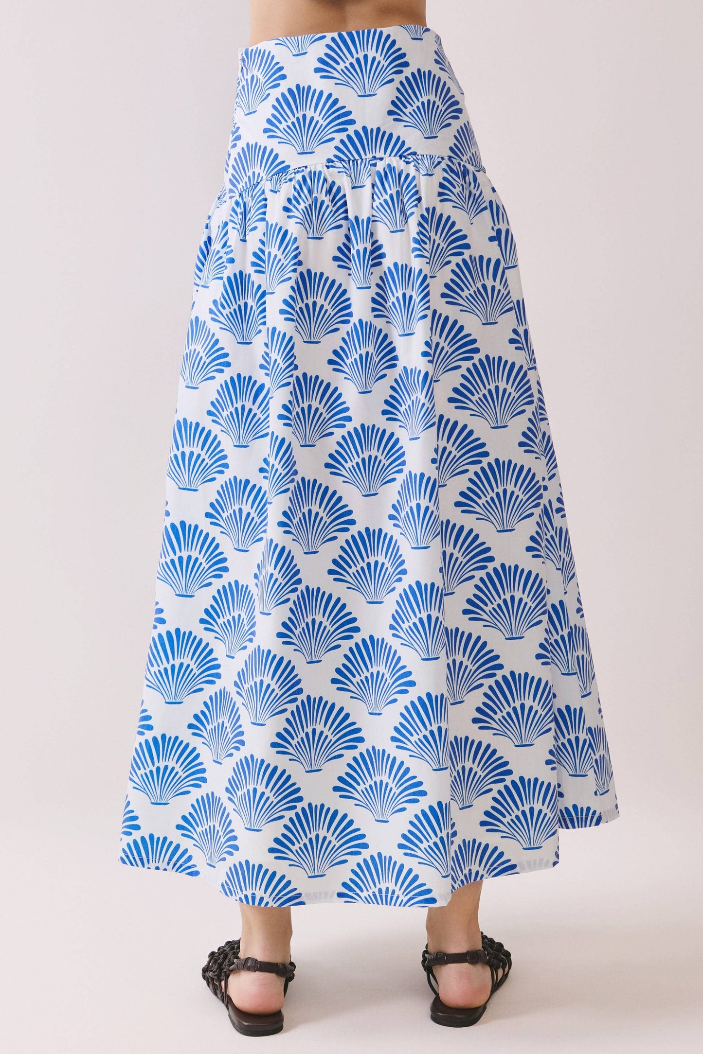 Shell Print Tiered High Waist Midi Skirt