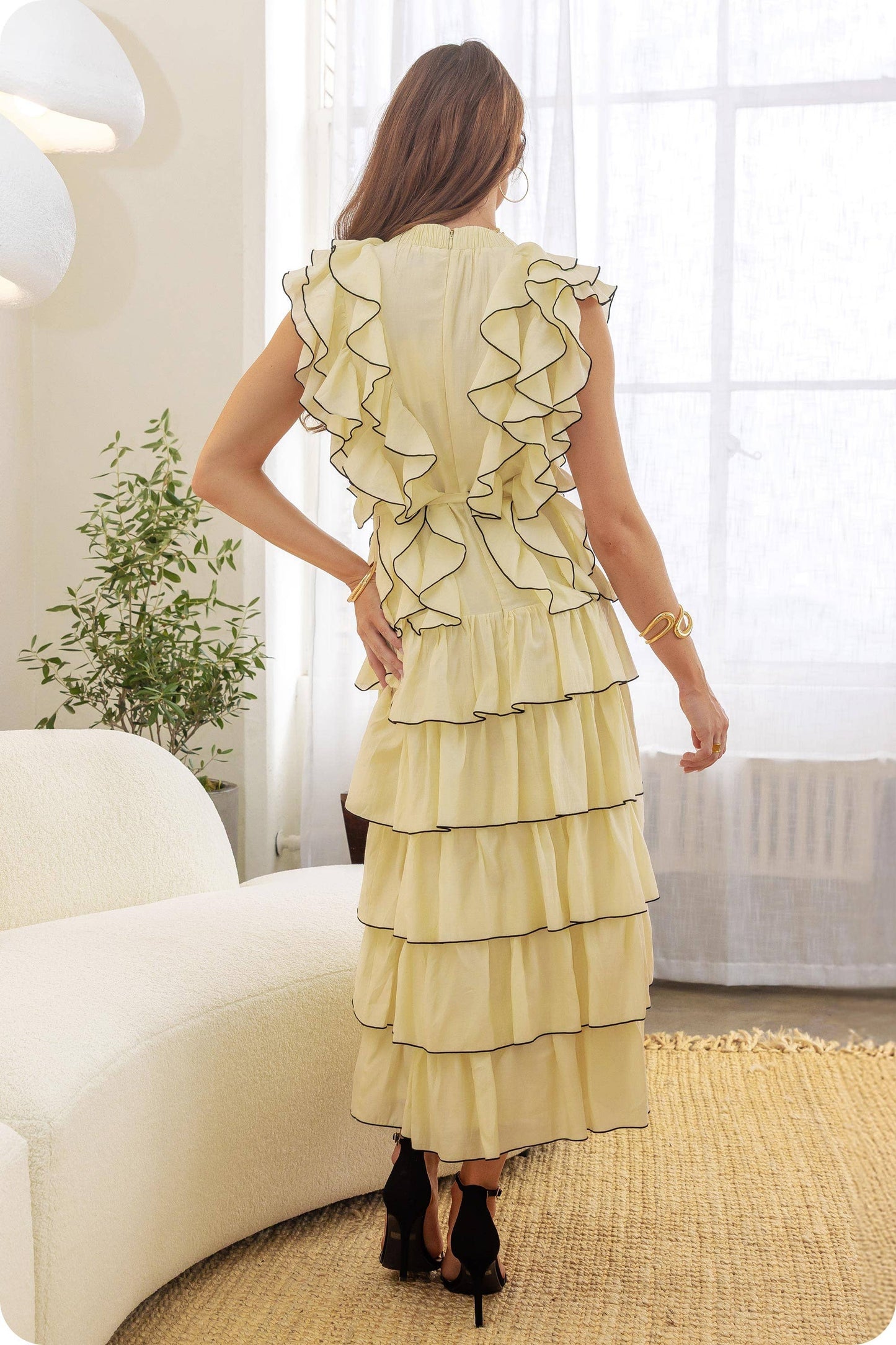 Cascading Ruffled Sleeveless Midi Dress