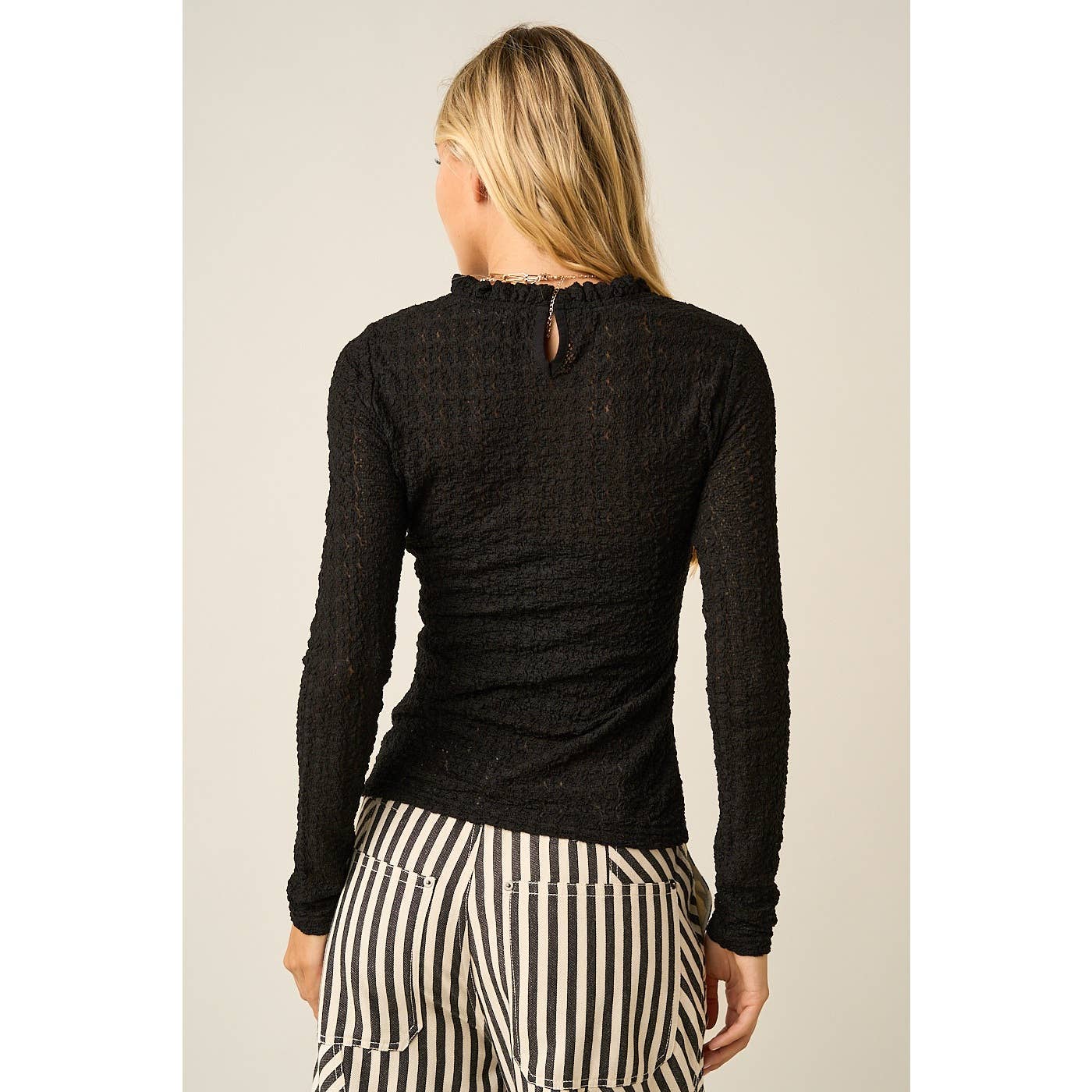 Textured Ruffle Neck Long Sleeve in Black