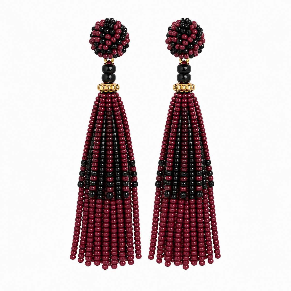 Burgundy/Black Beaded Tassel Earrings