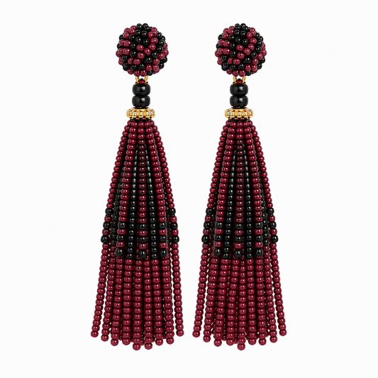 Burgundy/Black Beaded Tassel Earrings