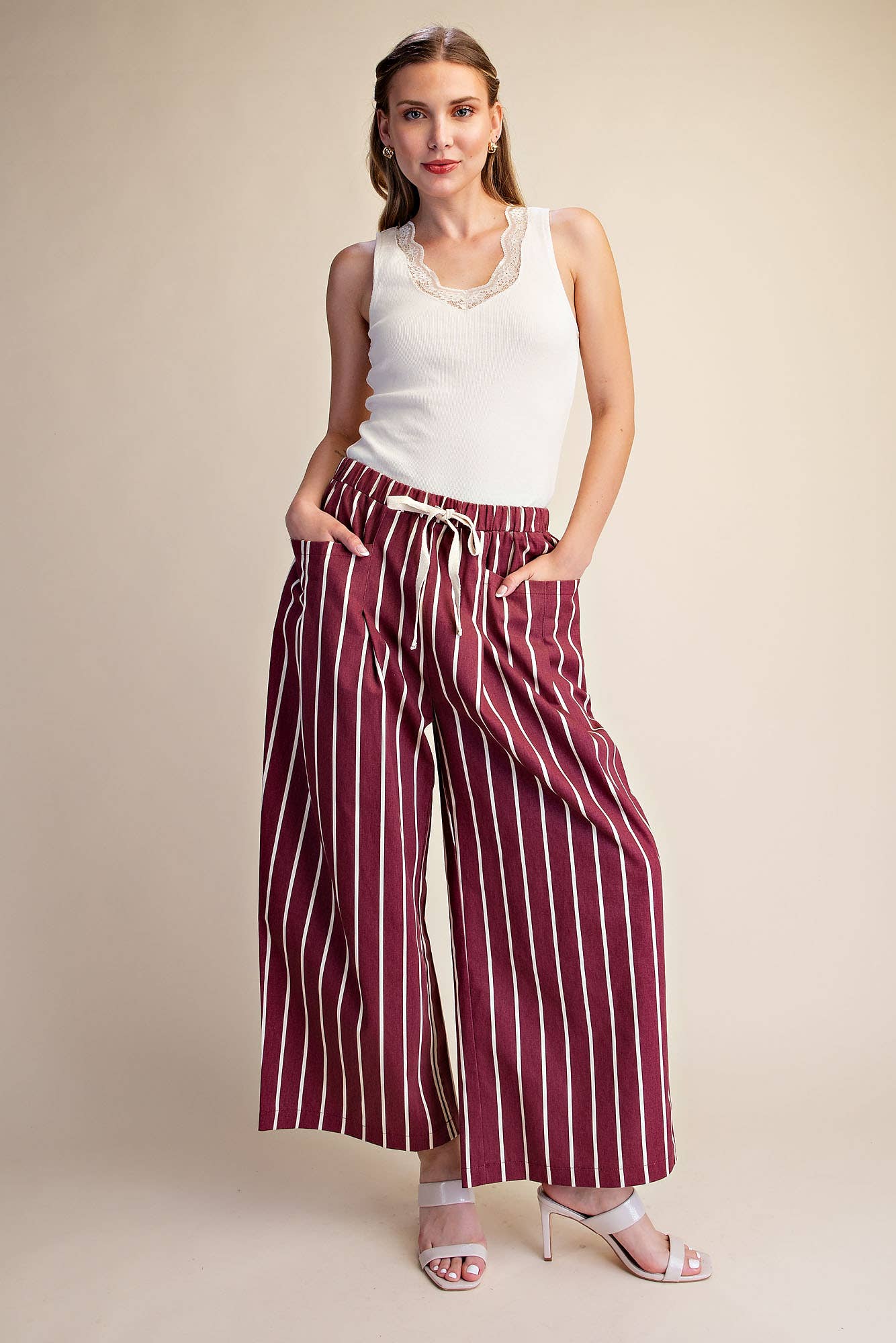 Drawstring Stripe Wide Pocket Pants