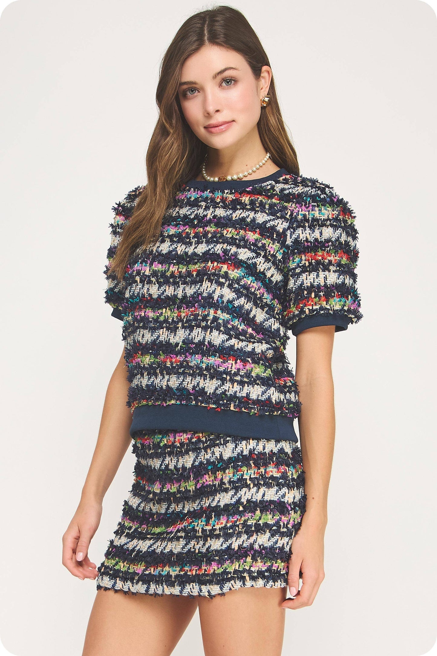 Lurex Navy Tweed Rib Contrast Sweater