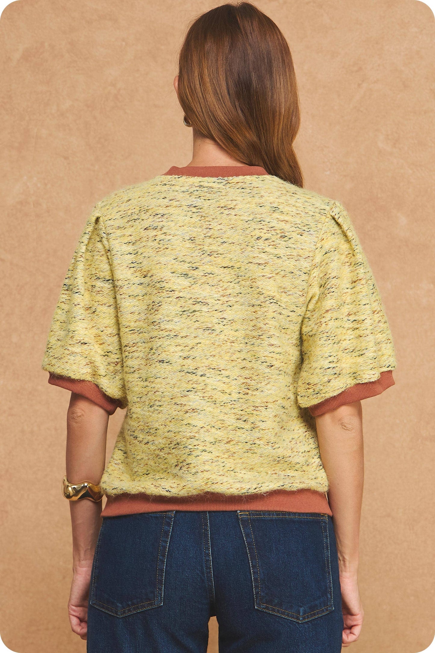 Marled Ribbed Contrast Short Puff Sleeve Sweater