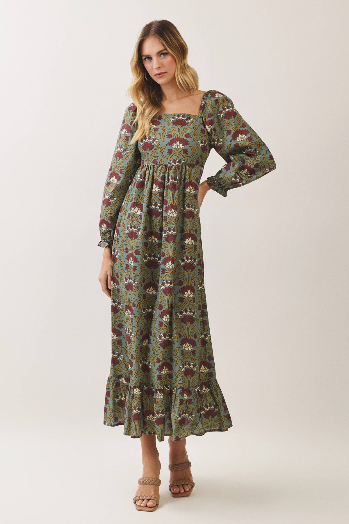 Floral Square Neck Burgundy Maxi Dress