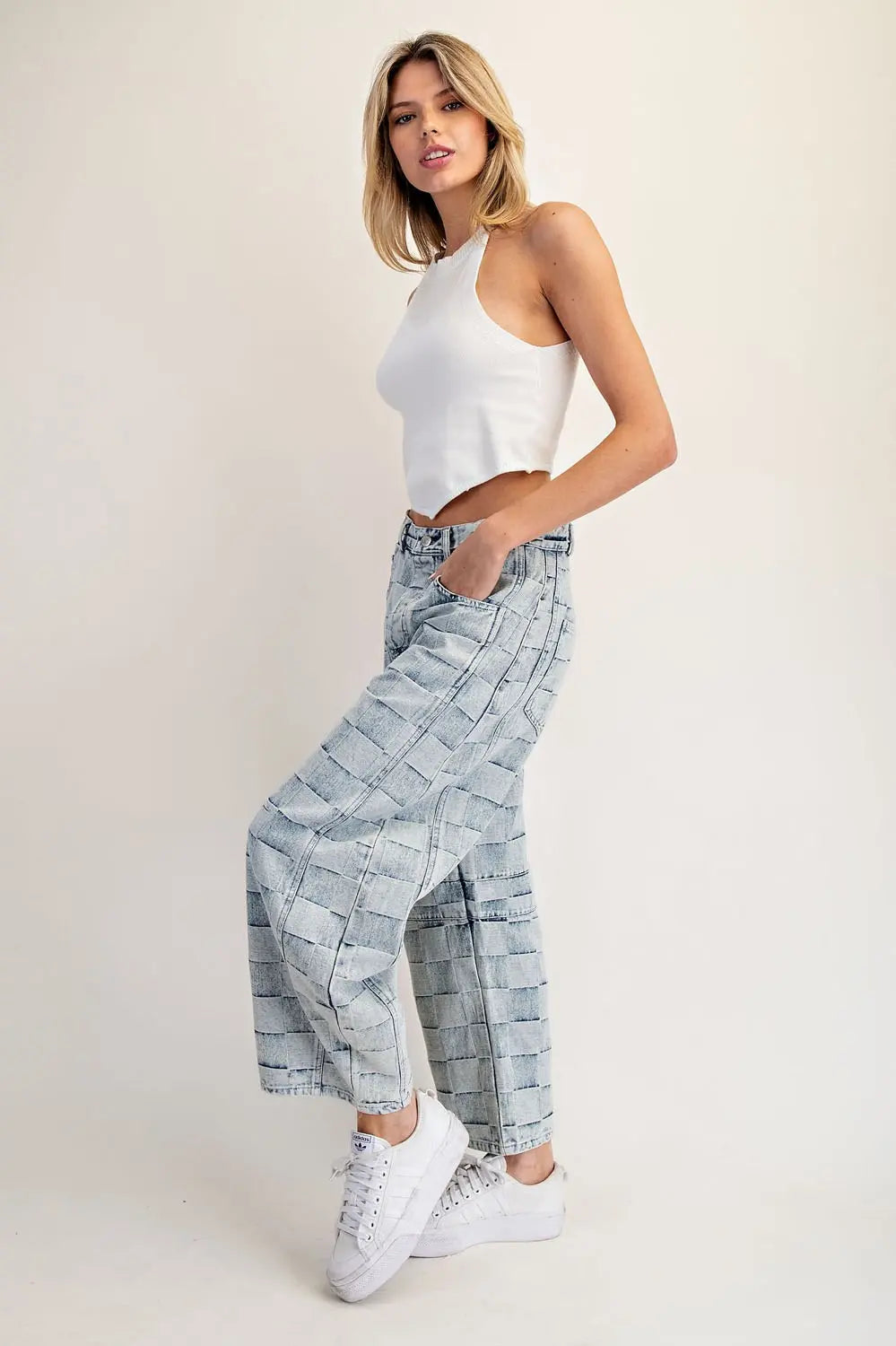 Mineral Washed Checker Print Barrel Jeans