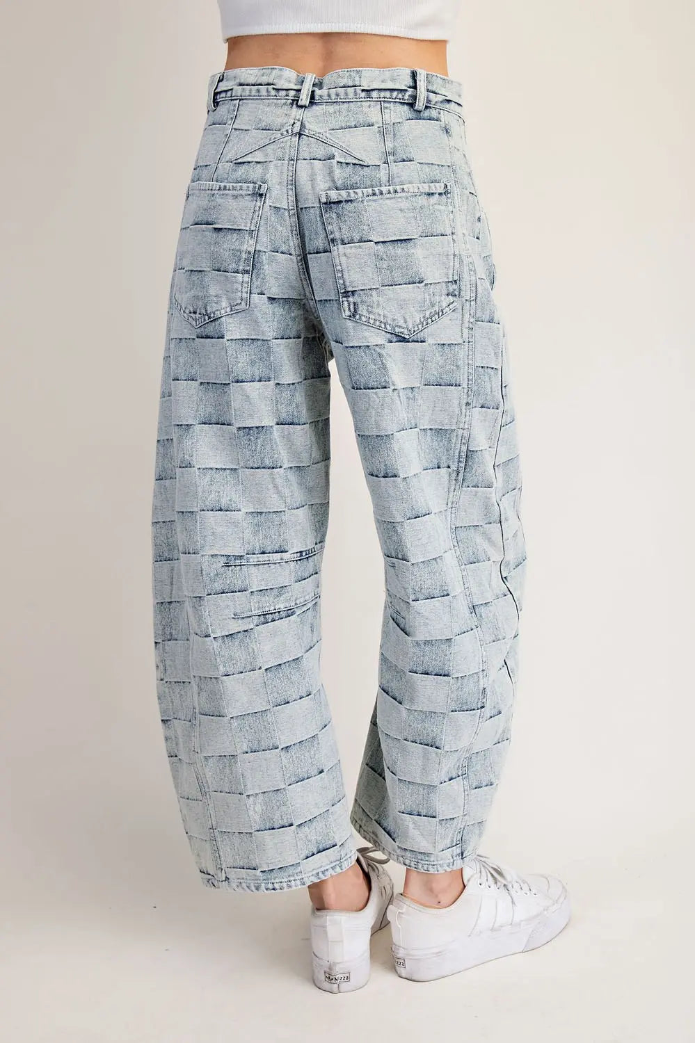 Mineral Washed Checker Print Barrel Jeans