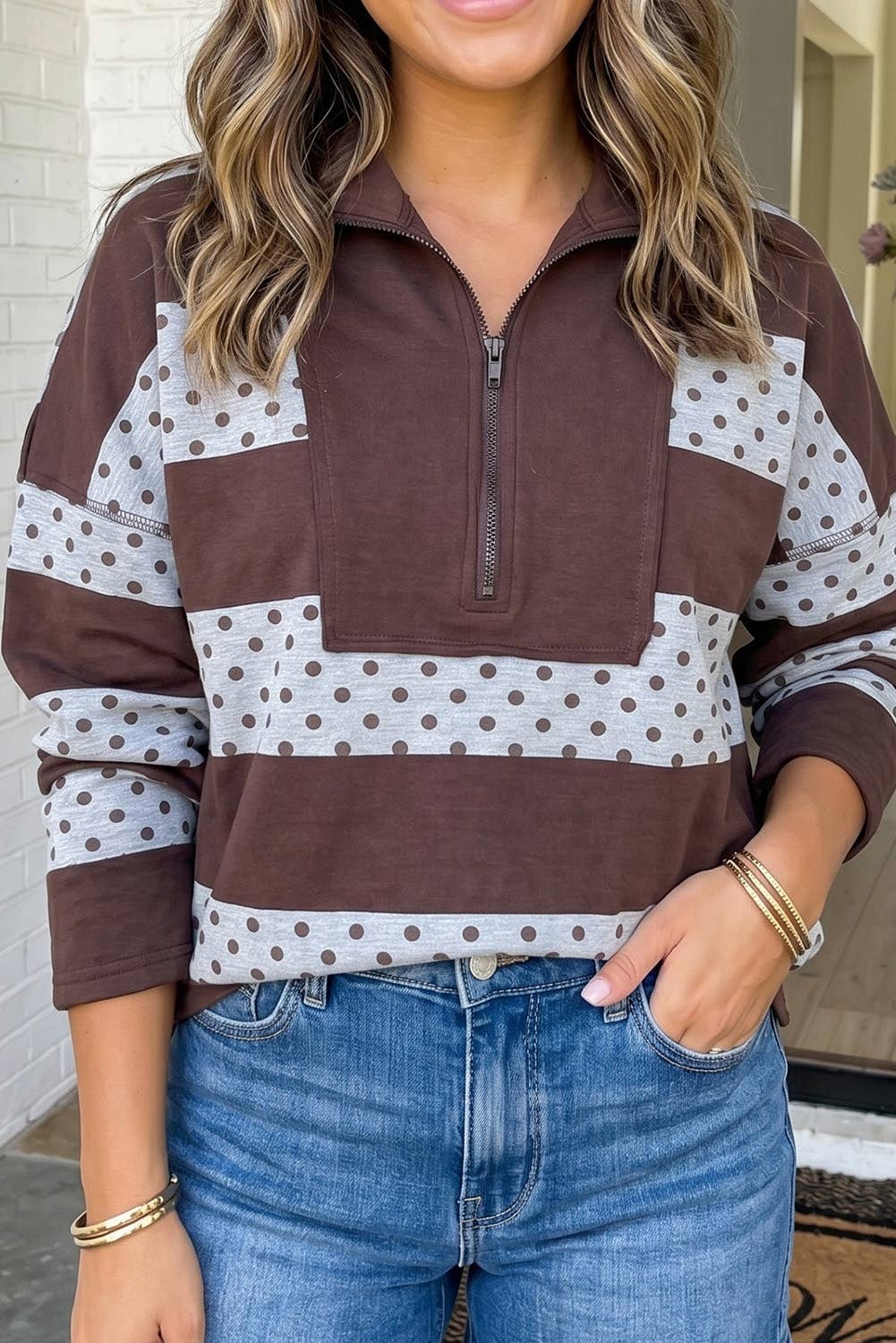 Polka Dot Striped Patchwork Zipper Collar Pullover