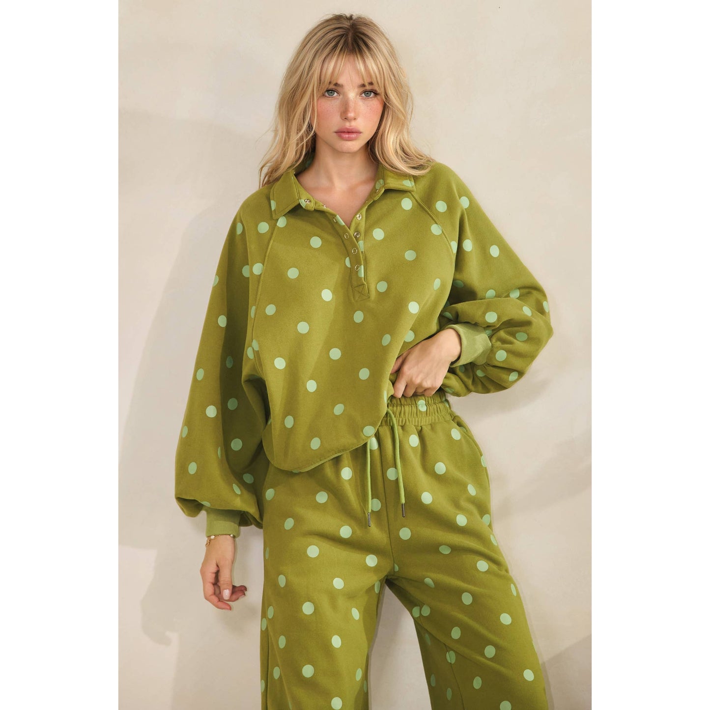 Olive Dot Quarter Zip Set